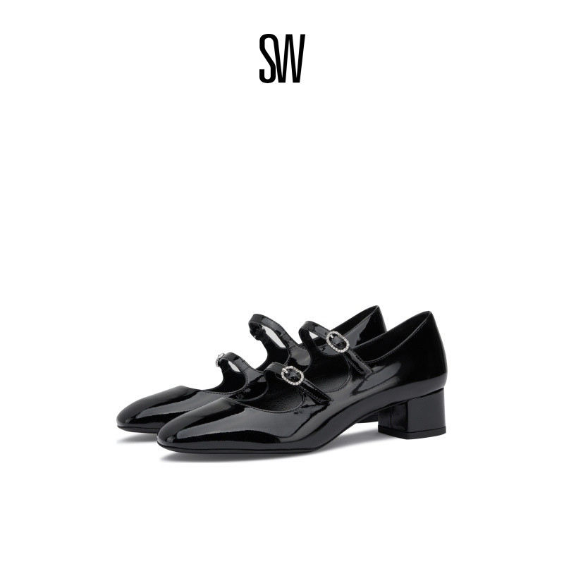 SW25新款双扣带粗跟高跟玛丽珍鞋