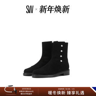 拉链冬季 饰扣式 拼接低跟圆头珍珠装 短靴女 BEHALF