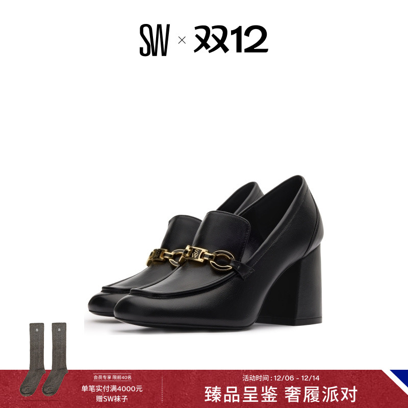 SW平头粗跟浅口金属高跟鞋单鞋