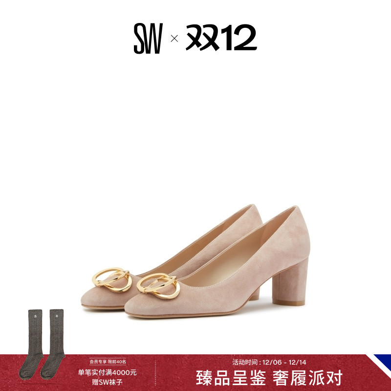 SW春夏双环扣方跟圆头高跟鞋