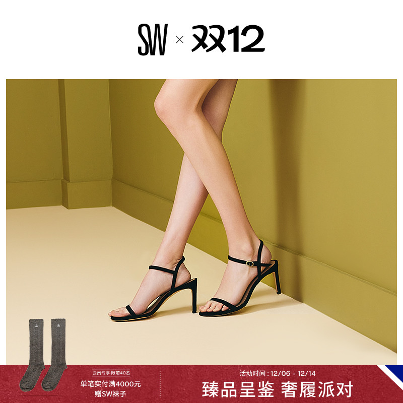 SW春夏新品细高跟水晶一字带凉鞋