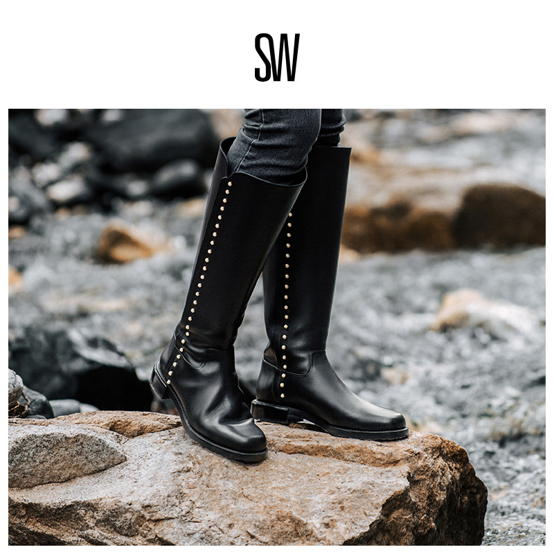 SW秋冬珍珠机车靴长筒靴及膝靴女