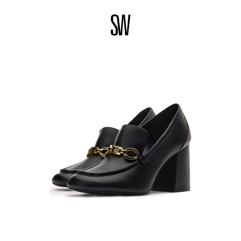 SW平头粗跟浅口金属高跟鞋单鞋