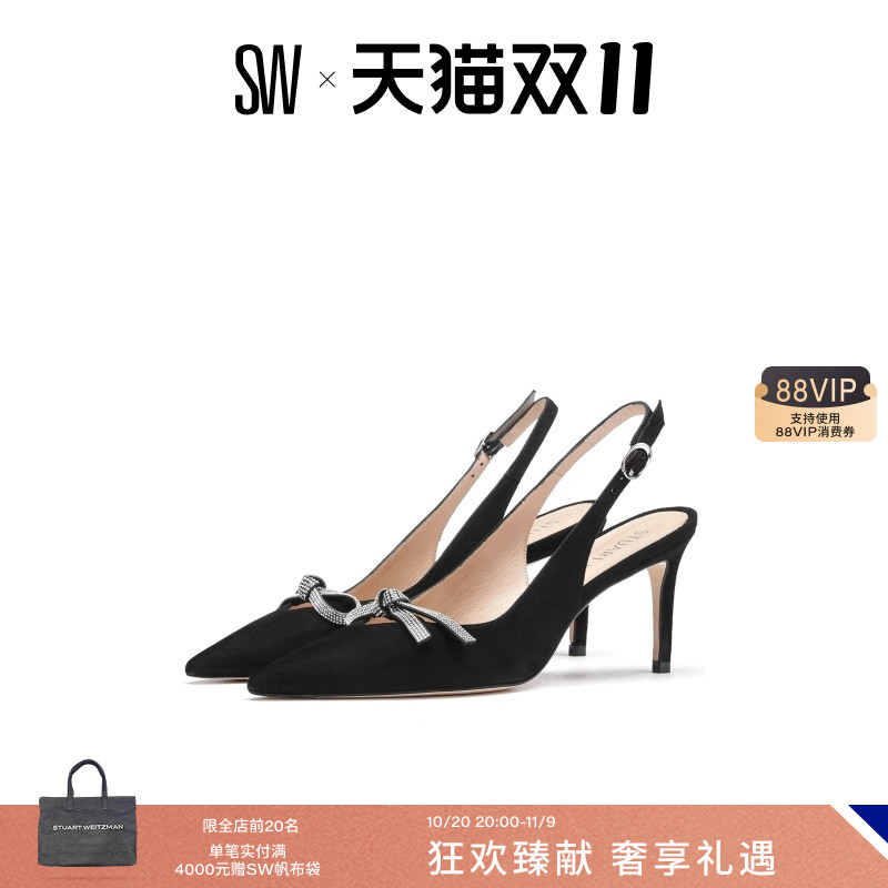 SW春夏露后跟水晶蝴蝶结高跟鞋