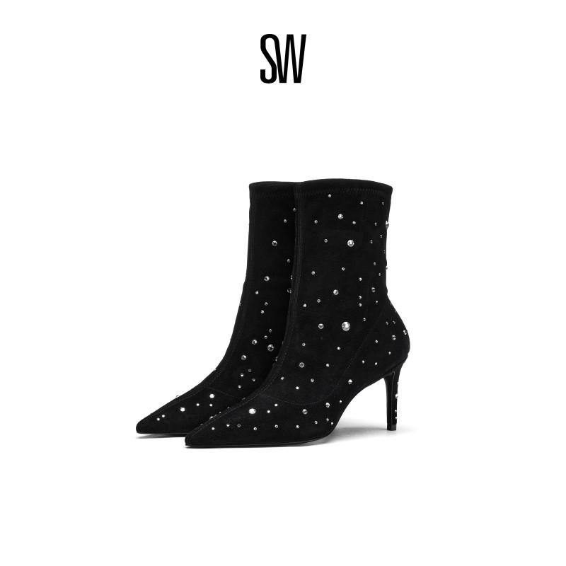 SW秋冬新款尖头细高跟短靴袜靴