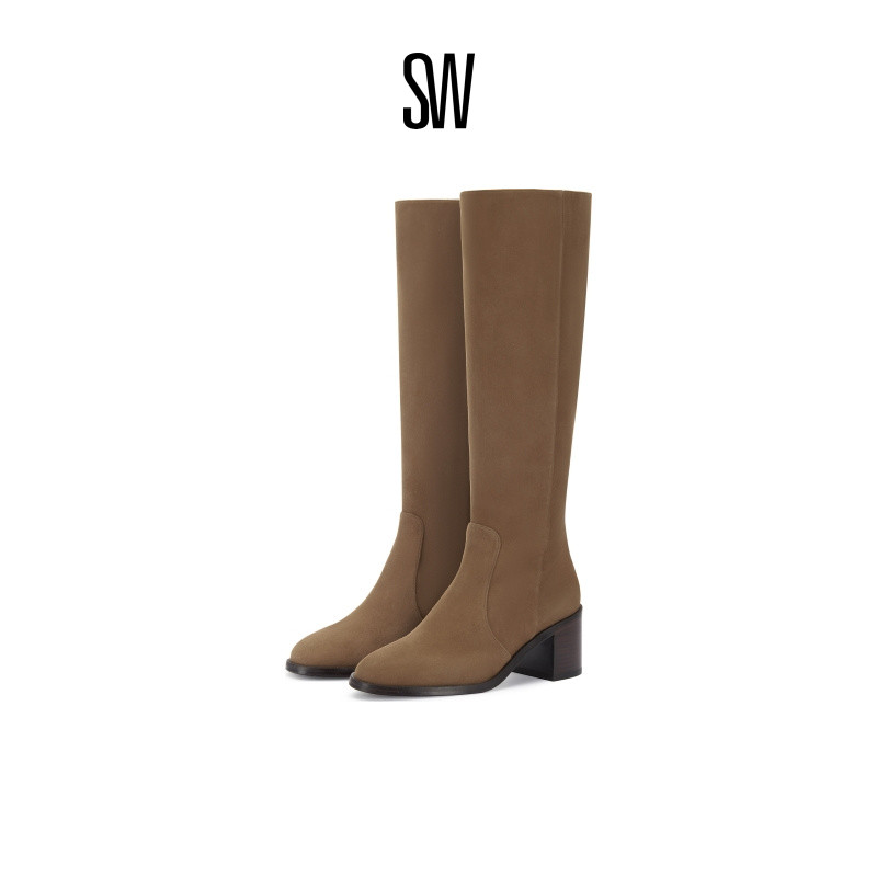 SW早秋新品高跟圆头侧拉链长筒靴
