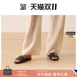 新品 JUNE SLIDE 女外穿夏 水晶平底方头一字凉拖拖鞋 夏季