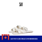 夏季 SLIDE 新品 VILLA 金属扣方头平底交叉带外穿拖鞋 女