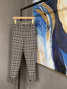 M灰色含羊毛裤 MA183PAT114 腿格纹前短后长烟管裤