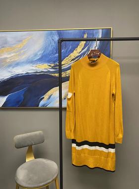 【ini@tial】黄色低领含羊毛下部黑白条纹长款针织衫MCXX282