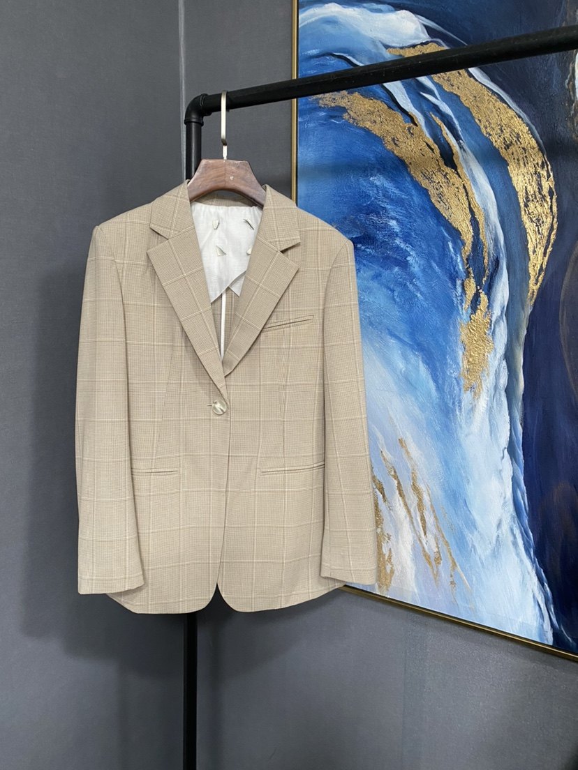 E米色系含绵羊毛格纹春夏薄款一粒扣西装外套EBO2BLA001