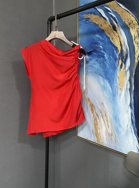 E红色全真丝不对称系绳砍袖背心EAI2TOP024