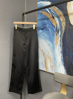 E黑色滑面料侧面钻链装饰阔腿裤EA183PAT105