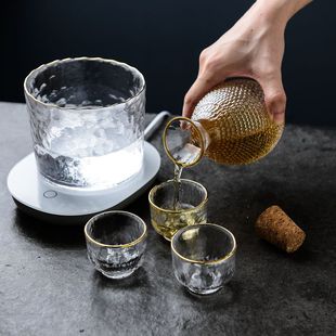 玻璃黄酒温酒器烫酒壶家用一两白酒杯咖啡锤纹金边 日式 清酒壶套装