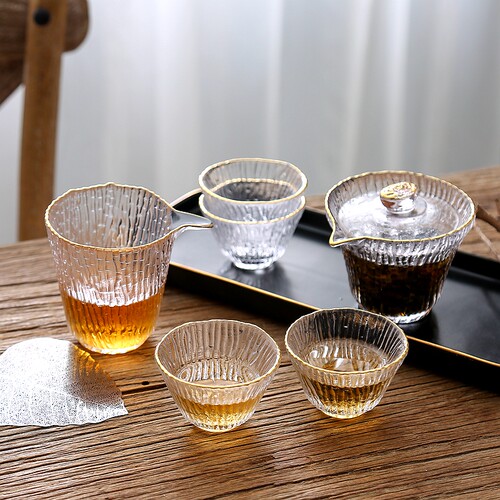 玻璃竹韵风泡茶套装加厚耐热盖碗