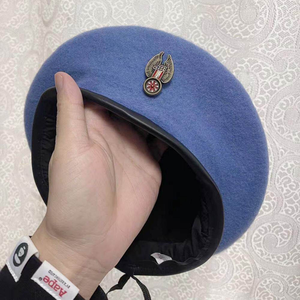 英伦网红潮男女画家帽 春四季羊毛徽章贝雷帽 大小号训练蓝色帽子