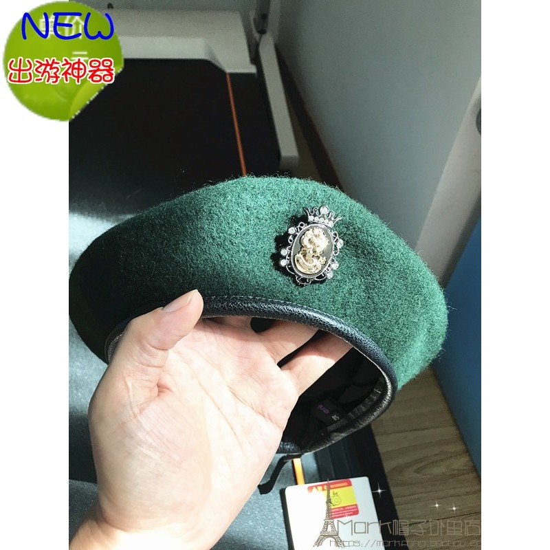 羊毛训练经典墨绿色徽章男女J帽
