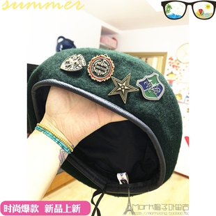 周冬雨网红直播帽子 大小号多徽章表演帽蓝墨绿色贝雷帽男女潮帽