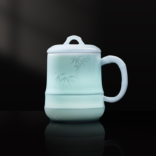 景德镇官方陶瓷影青马克杯带盖水杯办公杯茶杯茶具礼盒高端送礼