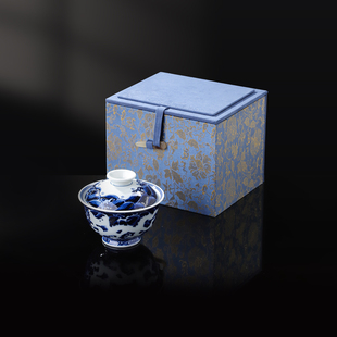 景德镇官方陶瓷青花手绘茶杯家用中式盖碗主人杯茶具礼盒马年礼物