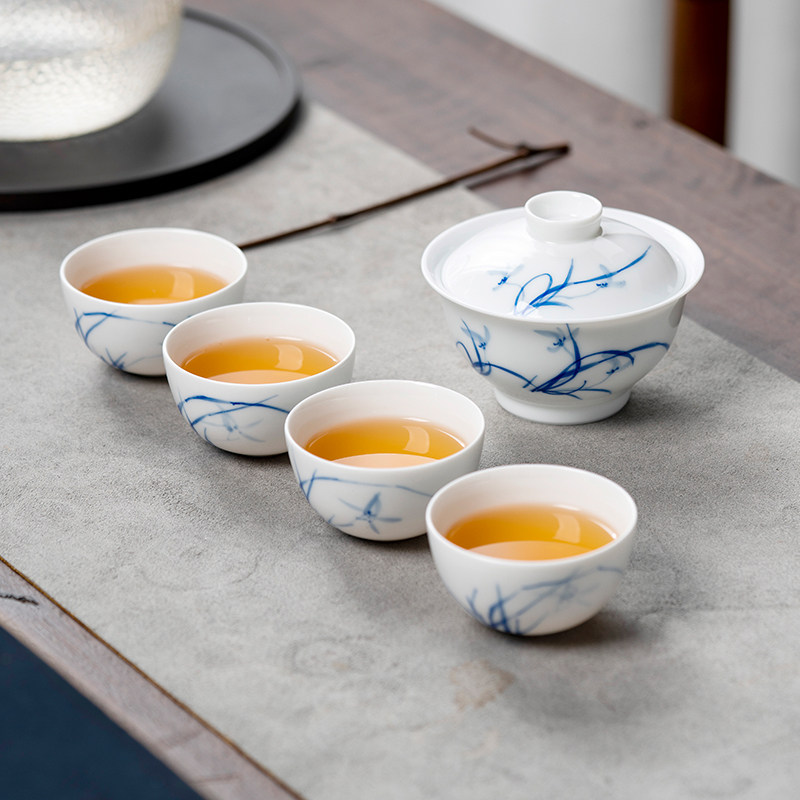 景德镇官方陶瓷手绘青花功夫茶具套装家用中式三才盖碗品茗茶杯