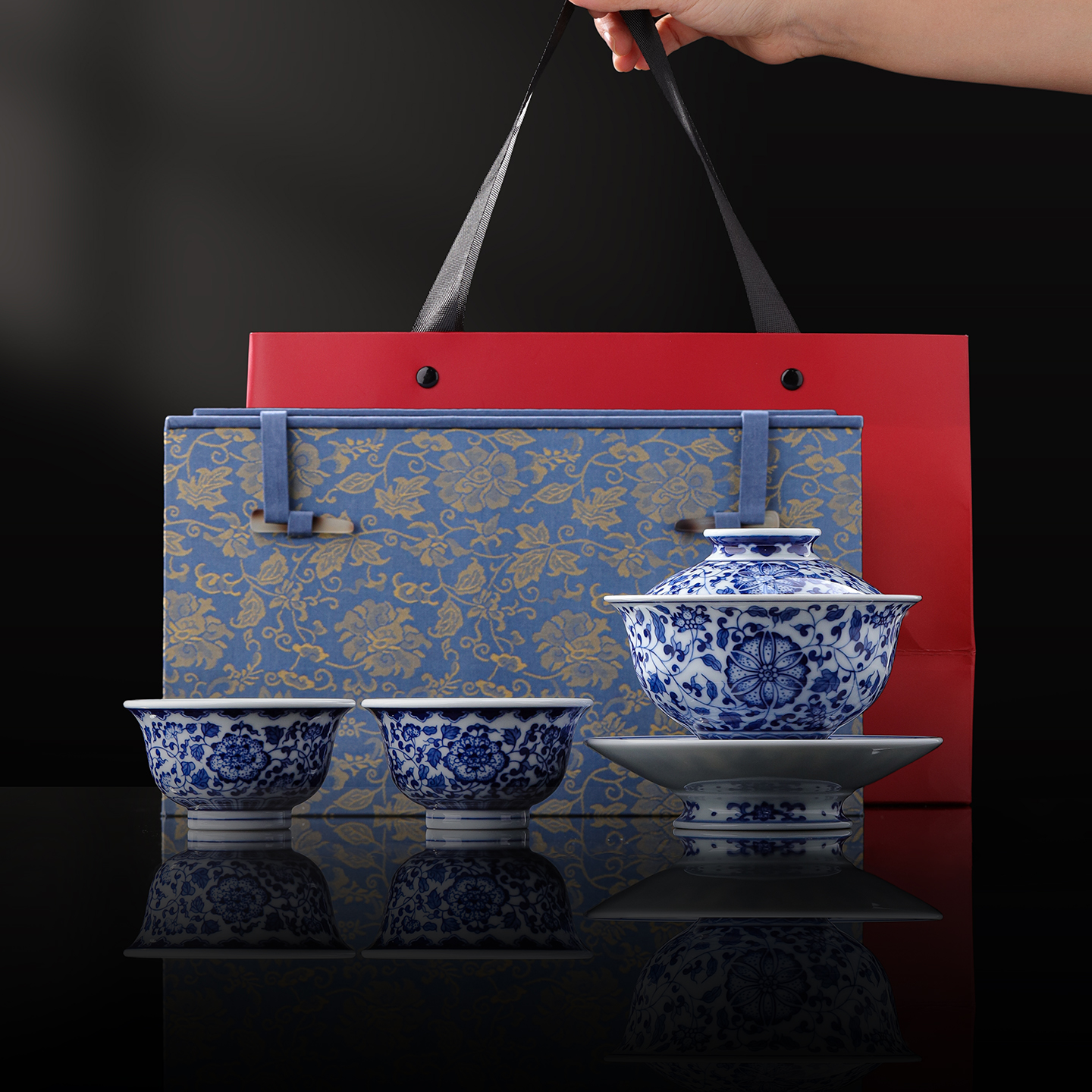 景德镇官方陶瓷青花手绘茶具套装盖碗茶杯家用高端送礼礼盒乔迁礼