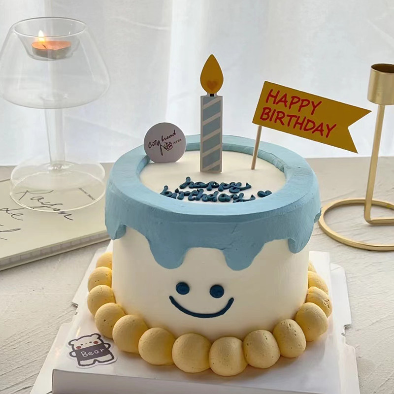 网红简约约笑脸男士高级生日蛋糕装饰插件彩色旗帜插牌笑脸蜡烛插
