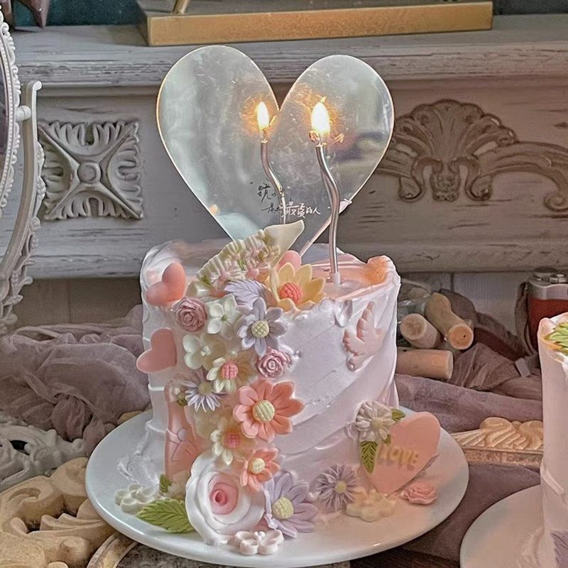 网红七夕情人节蛋糕装饰亚克力透明爱心镜镜子里是我最爱的人插牌
