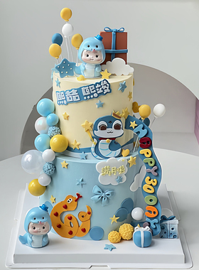 卡通蓝色礼帽蛇宝宝蛋糕装饰摆件生肖蛇宝宝满月甜品台装饰品配件