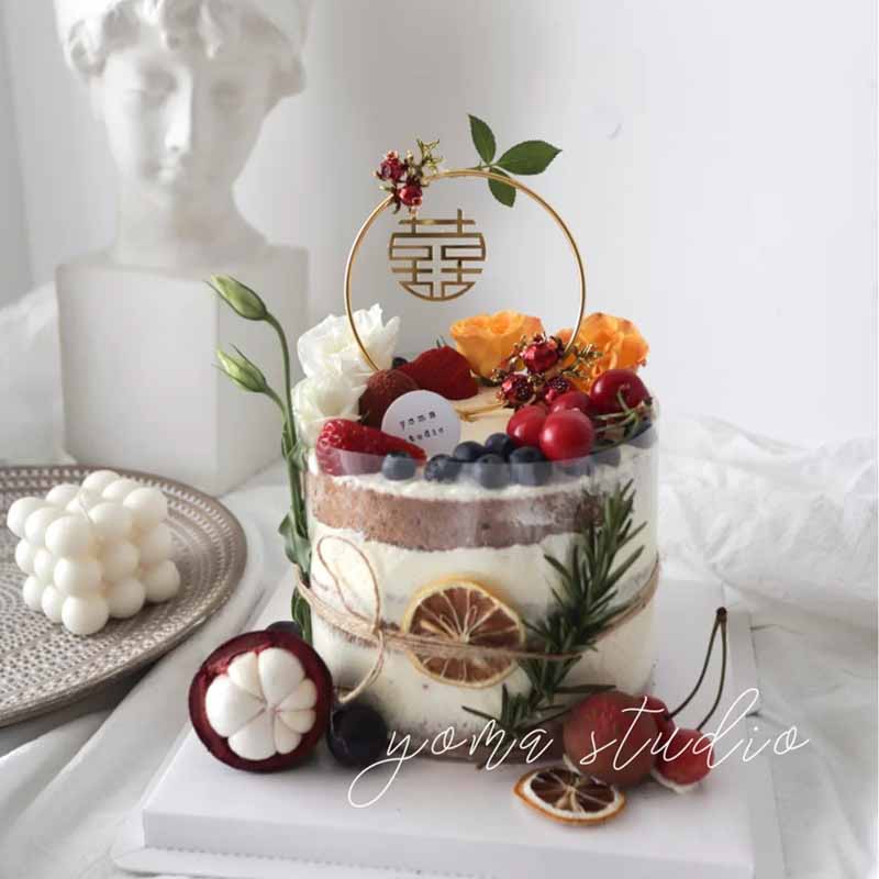 中国风石榴花铁艺插件订婚结婚新郎新娘囍福摆件烘焙生日蛋糕装饰