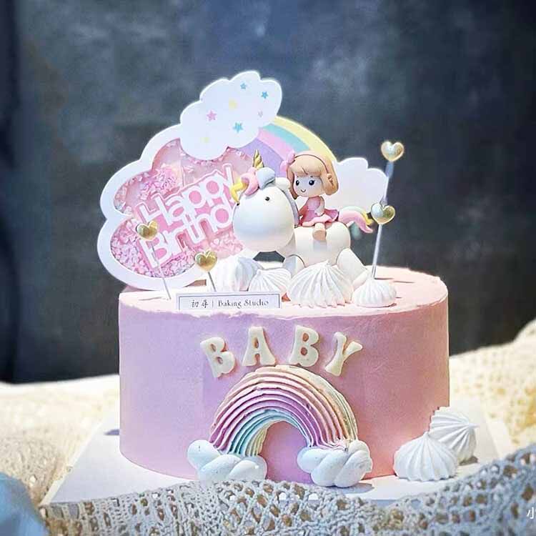 骑独角兽的小女孩天使生日蛋糕摆件软陶流沙彩虹蛋糕装扮插件插牌