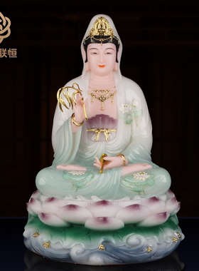 汉白玉观音菩萨佛像供奉坐莲南海观世音坐像娑婆三圣摆件家用供奉