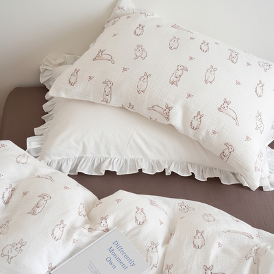 复古兔子双层皱皱纱全棉四件套