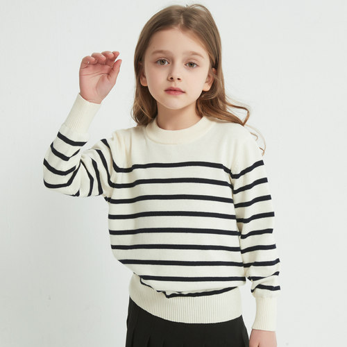新款春秋女童条纹打底衫纯棉中大童圆领毛衣针织衫儿童薄款毛线衫