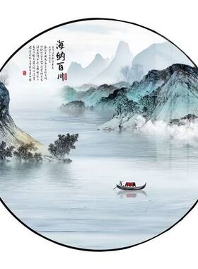 圆形装饰画自粘背胶国风贴纸山水风景贴画墙壁门窗玻璃遮丑补洞贴