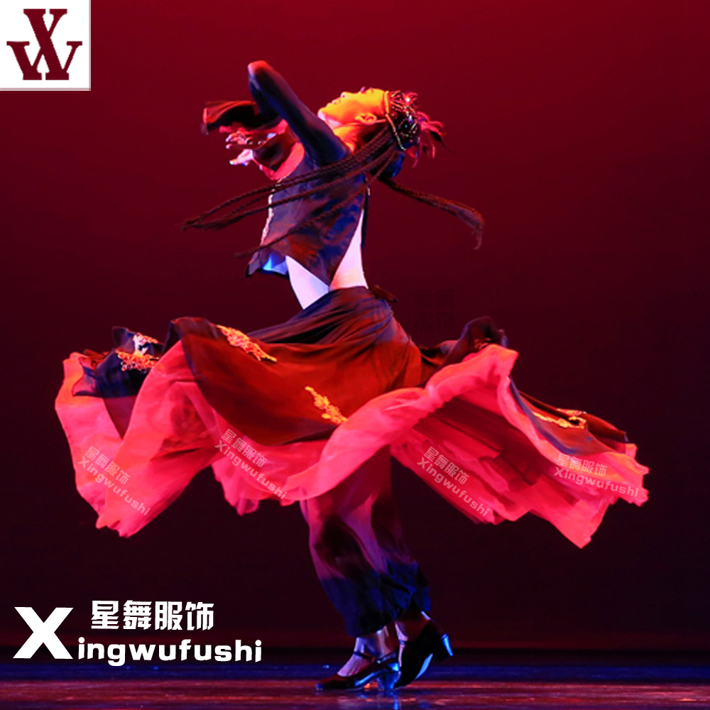 花儿为什么这样红舞蹈服装红色黑色大摆裙民族舞蹈演出服厂家正品