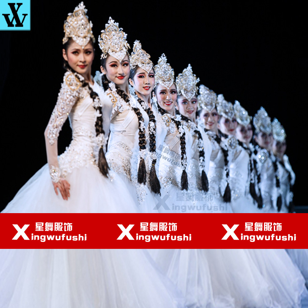 白纱裙舞蹈服装中国的脚步谁不说俺家乡好典雅高端大气民族演出服