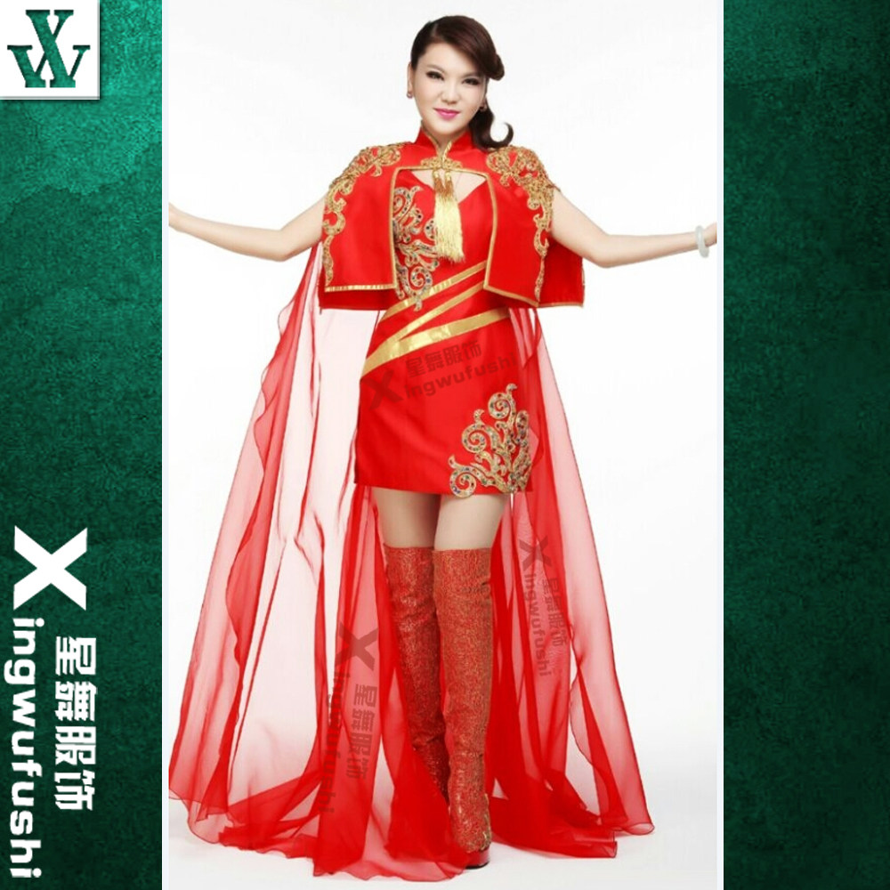 乌兰图雅同款蒙古礼服大红纱裙民族盛装歌手独唱演出礼服红色特惠