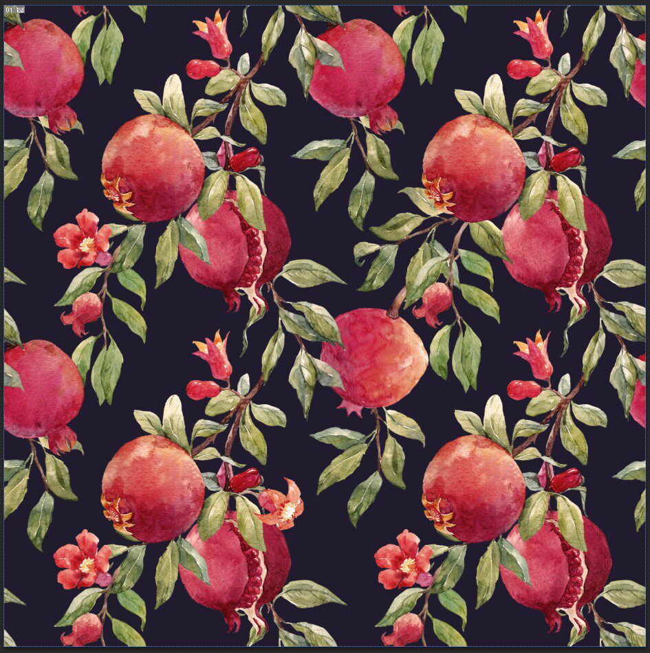 四方连续花型设计psd tif印花格式   手绘水彩花朵石榴水果t2-15