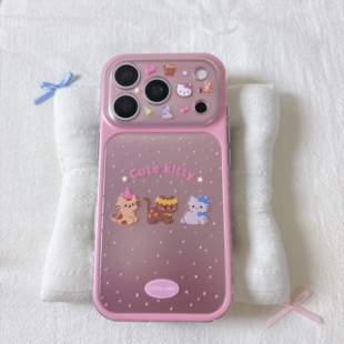 可爱粉底波点三只猫咪适用苹果17promax手机壳iPhone16新款保护套15 /14/13全包硅胶防摔日韩