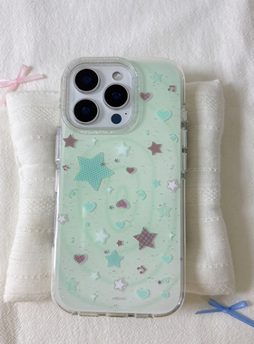 ins绿底星星爱心圆边双层适用苹果16promax手机壳iPhone15新款保护套14/13全包硅胶防摔日韩小众