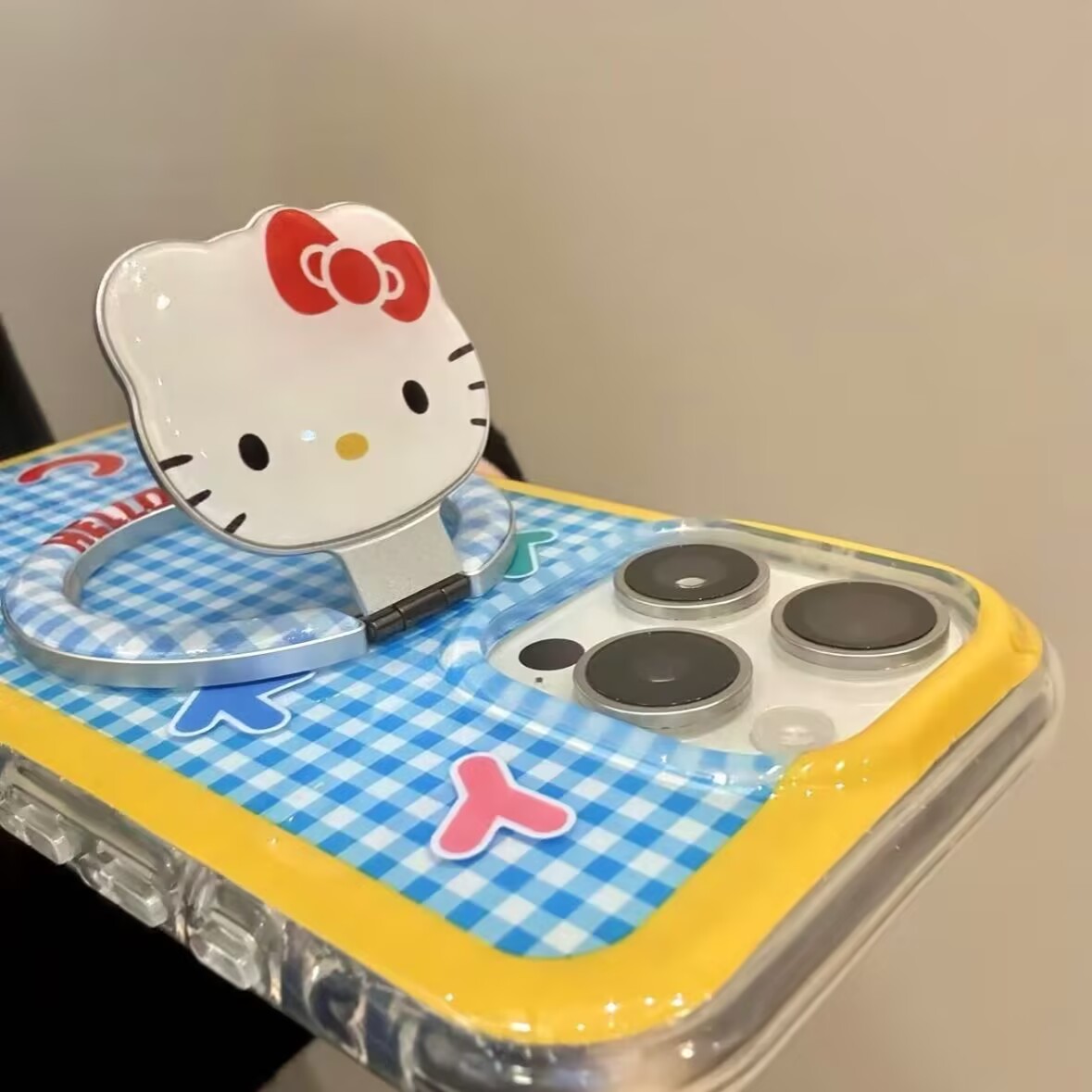 可爱蓝白格纹kitty适用MagSafe手机磁吸懒人支架气囊伸缩强力吸附
