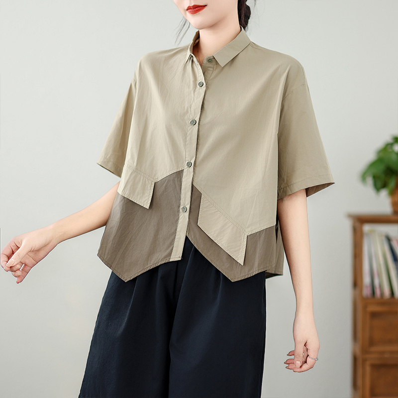 专柜设计感小众纯棉短袖衬衫女夏季2024新款宽松显瘦休闲百搭拼接