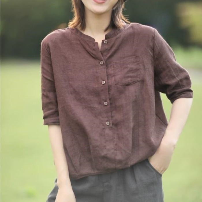 专柜时尚纯色苎麻短袖衬衫女2025年夏季新款宽松显瘦休闲百搭亚麻