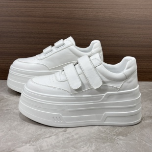 欧洲站魔术贴白色增高厚底松糕潮鞋 欧货8CM真皮小白鞋 女2026新款