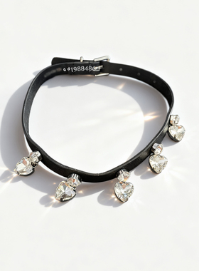 Vintage复古黑色牛皮爱心水晶吊坠颈圈项链女新品百搭简约ins港风