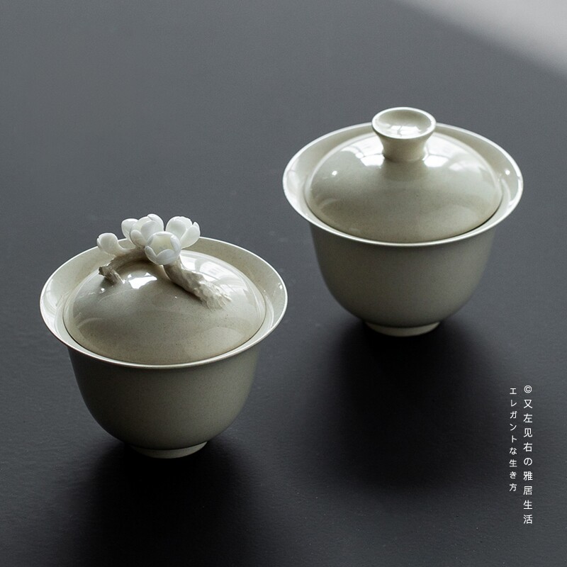 中式梅花手工创意陶瓷盖碗草木灰家用功夫茶具套装品茗杯泡茶盖杯