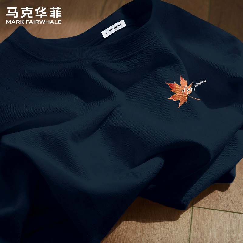 马克华菲2026夏季男士短袖T恤藏青圆领纯棉枫叶印花宽松潮牌上衣