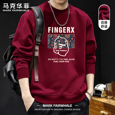 马克华菲男士酒红色印花圆领卫衣