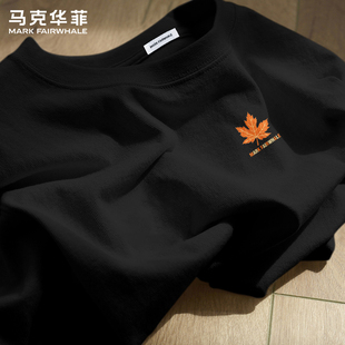 马克华菲夏季短袖T恤男款黑色枫叶印花宽松圆领纯棉打底衫美式风